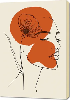 Produktbild von Bild 'Wärme der Blume' mit weiblichem Profil, grafischem Blumenmotiv und orangefarbenem Kreis, 70x100cm