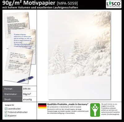 Produktbild von Motivpapier Briefpapier (Winter-5059, DIN A4 25 Blatt) Tiefverschneite Winterlandschaft mit Bäumen welche unter der Schneelast ächzen, die Sonne strahlt vom Himmel