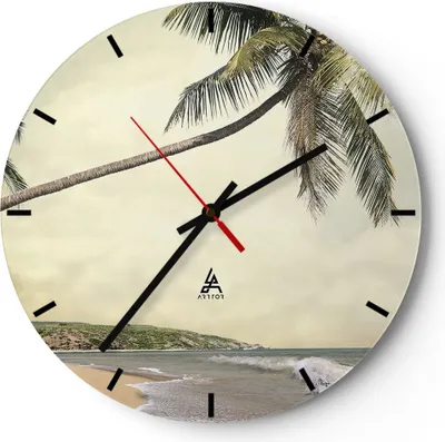 Produktbild von Wanduhr - Rund - Glasuhr - Palme Strand Insel - 40x40cm - Schleichendes Uhrwerk - Lautlos - zum Aufhängen bereit - Dekoration Modern - Wanddekoration aus Glas - C3AR40x40-4154
