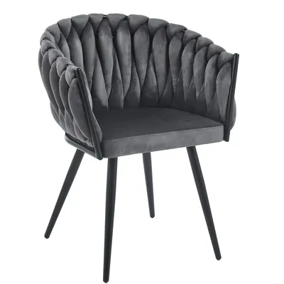 A gray velvet chair with a unique knot design on the back and black metal legs, set against a white background.
