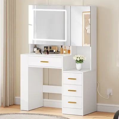 Image de Coiffeuse avec éclairage et miroir - Table de maquillage avec tiroirs et rangement pour bijoux