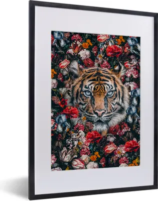 Produktbild von MuchoWow® MuchoWow® Gerahmtes Poster Tiger - Blumen - Malerei 30x40 cm - Poster mit zchwarzem Bilderrahmen - Wandposter Schlafzimmer