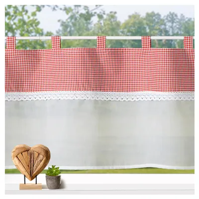 Produktbild von Heimtexland Scheibengardine Landhaus Batist weiß Vichy Karo mit Borte Schlaufen Bistro Gardine Bauernhaus Fensterdeko Küche halbtransparent HxB 45x120 Typ929 Rot