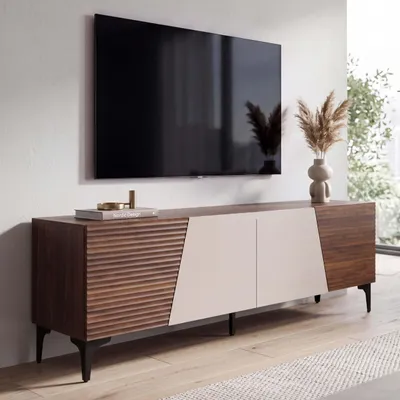 Produktbild von TV-Rack MCW-Q83, Lowboard TV-Schrank Türen 3D-Struktur Staufächer MDF Melamin 55x160x42cm Walnuss-Optik