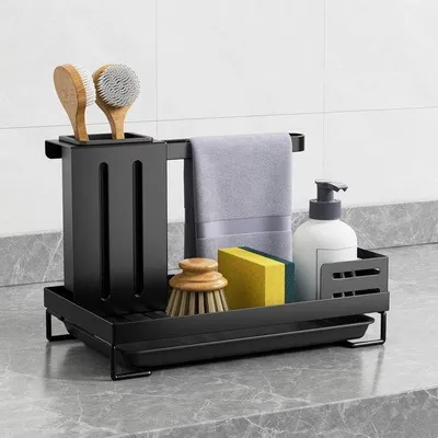 Produktbild von Sauberkorb für den Spülbrunnen, mit Leckstelle und Sponshalter, Reinigungsborstel, schwarz.