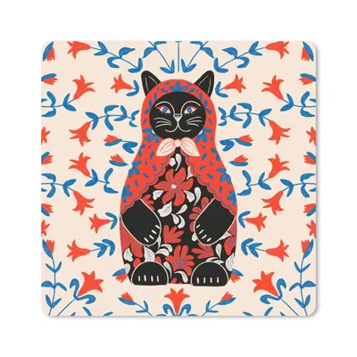 Produktbild von MuchoWow® Mauspad Mousepad Matrjoschka - Blumen - Katze 20x20 cm - Mousepads - Maus Mat - Pad - Mausunterlage - Desk Mat - Bureauartikeln