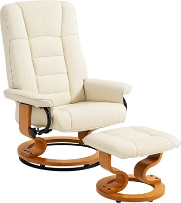 Image de HOMCOM Fauteuil de relaxation inclinable avec repose-pied fauteuil relax de salon pivotant, cadre en bois revêtement synthétique 76 x 85 x 104 cm crème