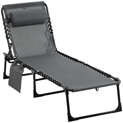 Image de Chaise longue pliable avec coussin d'appui-tête, poche latérale et dossier réglable sur 5 positions, chaise longue de camping résistante aux intempéries pouvant supporter jusqu'à 120 kg, pour le jardin, la plage et la piscine, gris