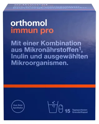 Produktbild von Orthomol Immun pro - Nahrungsergänzungsmittel mit Mikronährstoffen, Inulin und ausgewählten Mikroorganismen - Granulat/Kapsel, 15 St. Tagesportionen