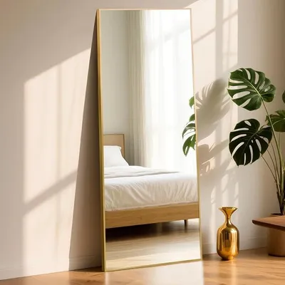 Productafbeelding van Spiegels: Rechthoekige spiegel, 180x76 cm, goudkleurig. Grote, rechthoekige spiegel met een frame van aluminiumlegering, van hoge kwaliteit, geschikt voor woonkamer, slaapkamer of kleedkamer
