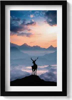 Produktbild von Hirsche auf dem Gipfel eines Berges– Wandbild mit Rahmen – Gerahmtes Bild  – Wanddekoration – 20x30 cm – Schwarz