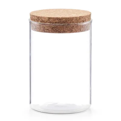 A clear glass jar with a cork lid is shown against a white background.
