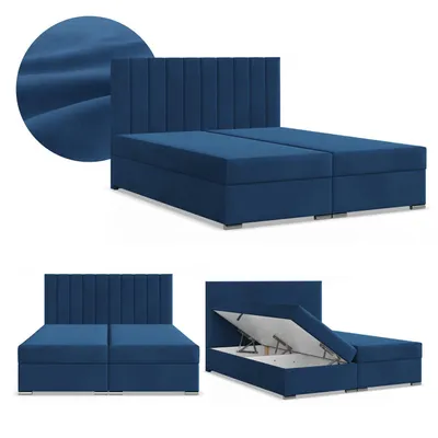 Produktbild von Boxspringbett 140x200 mit 2 Bettkästen Kontinentales Bett mit Bonell Matratze Polsterbett Doppelbett Kopfteil Samtstoff Blau Dunkelblau AGEN 140 x 200