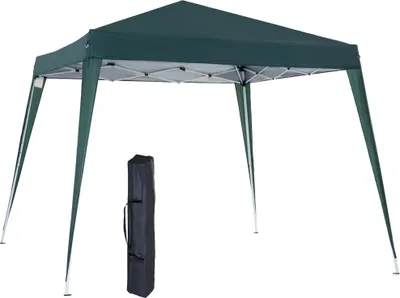 A green pop-up canopy tent with a black carrying bag next to it, set against a white background.