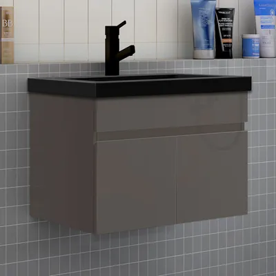Produktbild von Badmöbel HUTI-Serie 60cm Hochglanz Dunkelgrau Schwarz Waschtisch mit Unterschrank Hängeschrank Badezimmermöbel mit 2 Türen