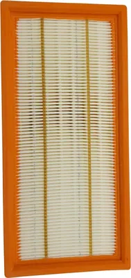 A rectangular air filter with an orange frame and white pleats with thin yellow stripes.