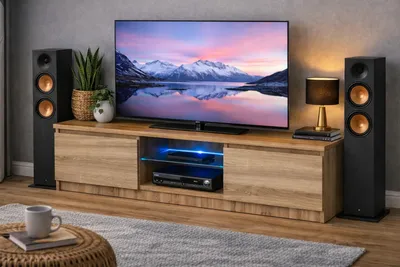 Image de Meuble TV de 120 cm, en bois imitation chêne Sonoma, avec éclairage LED, épaisseur 18 mm, fermeture silencieuse