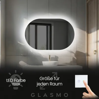 A bathroom scene featuring a lit mirror, sink, and faucet, with overlaid text and graphics.