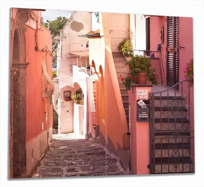Produktbild von Wallario Herdabdeckplatte aus Glas, Größe 60 x 52 cm 2-teilig, Motiv Südländische Gasse- Italien bei Sonnenschein