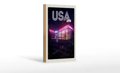 Produktbild von Holzschild Reise 12x18cm Amerika Diner Restaurant bei Nacht Schild