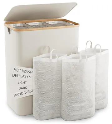 Immagine prodotto di Cesto per la biancheria con coperchio, capacità 145 litri, 3 scomparti, colore beige, con sacchi per la biancheria removibili