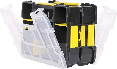 A black and yellow tool organizer with its clear lid open.