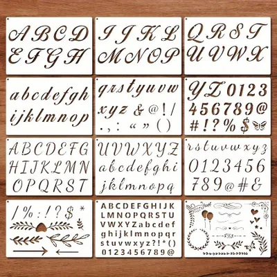 Produktbild von Buchstaben Schablone Set - 12-teilig wiederverwendbar für Buchstaben und Zahlen - DIY-Schablonen für Scrapbooking Zeichnen Wanddeko Graffiti und Basteln