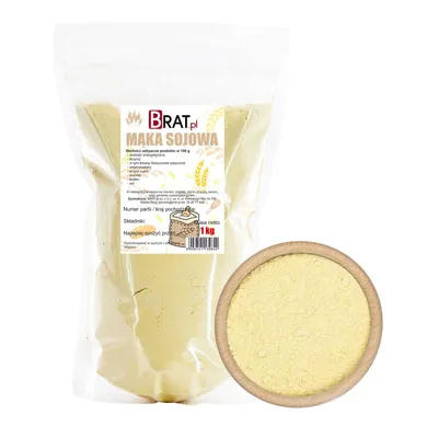 A bag of soy flour next to a bowl of soy flour.