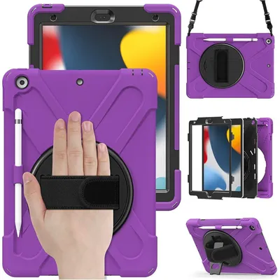 Produktbild von Mobigear SureGrip XGuard Hülle für iPad 9 (2021) – Kunststoff, Silikon, Rückseite mit Stifthalter, Schultergurt und Ständer – Lila