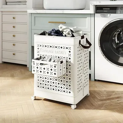 Zdjęcie produktu dla Składany kosz na pranie, plastikowy pojemnik o pojemności 75 l z 1 składanym koszem i uchwytami, kółka, 43,5 x 34 x 60,5 cm, biały