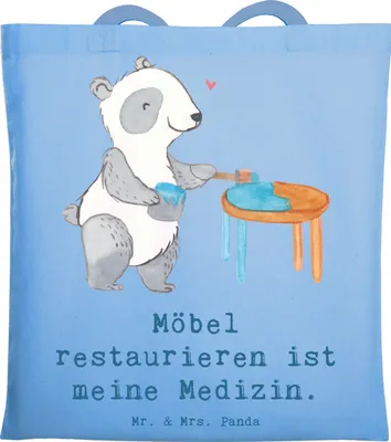 Produktbild von Mr. & Mrs. Panda Tote Bag Panda Möbel restaurieren - Sky Blue - Geschenk, Jutebeutel, Antike, Handwerk, Beutel, Laptoptasche, Schultasche, Shopping Tasche, Restaurator