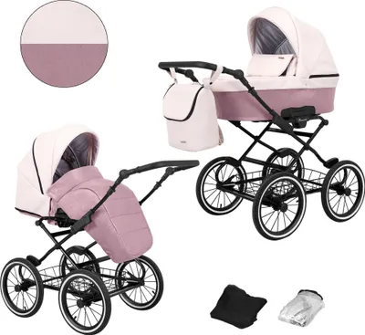 Produktbild von Kunert Romantic 2in1 Kinderwagen in Rosa/Weiß mit AIR Wheels und schwarzem Rahmen
