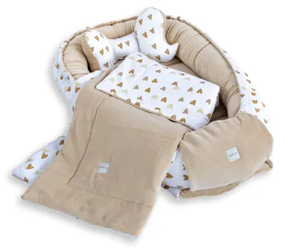 BABYNEST + DECKE + Kissen BEIGE Samt Velour/ HASE EULE Baumwolle Nestchen