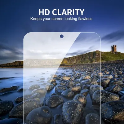 A screen protector is shown over a landscape image of a rocky beach and a castle.