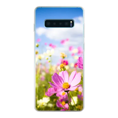Produktbild von MuchoWow® Handyhülle Schutzhülle Hülle für Samsung Galaxy S10 Plus Blumen - Wiese - Lila - Gras - Weiß - Wolken - Blau Silikon Softcase Handy Hülle - Schutzhülle