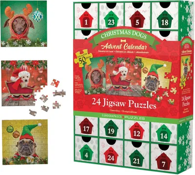 A collage of images showing a Christmas dog advent calendar and some of the puzzles included within it.