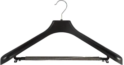 A black clothes hanger against a white background.