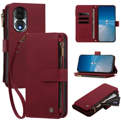 Produktbild von Handyhülle für Honor 80, Leder Klapphülle mit Kartenfächern, Reißverschlussfach und Handschlaufe Rot