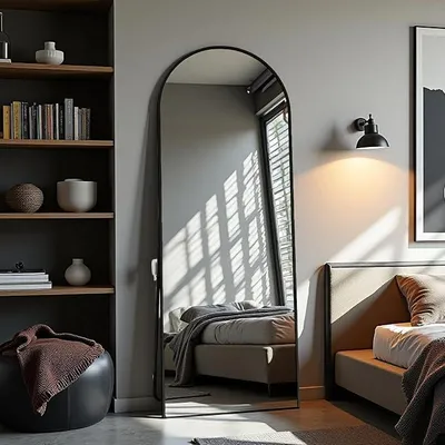 Imagen del producto de Espejo de pie, 162 x 53 cm, espejo de arco, grande, para colocar en el suelo, con cristal resistente, espejo de cuerpo entero, marco de aleación de aluminio, color negro, ideal para dormitorios, recibidores o salones. (Negro)