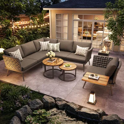 Produktbild von Flieks Gartenmöbel-Sets 6 Sitzer, Gartenlounge-Set mit 2 Gartentischen, Balkonmöbelset mit handgeflochtenen Armlehnen, Sofagarnitur Grau