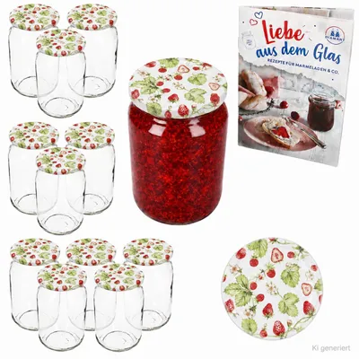 Image de Lot de 12 bocaux en verre de 720 ml « To 82 » aux fraises des bois, avec couvercles et livret de recettes