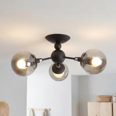 Produktbild von Deckenlampe Rauchglas Metall B: 48 cm Schwarz 3-flammig E27 Kugelschirm Retro Deckenleuchte