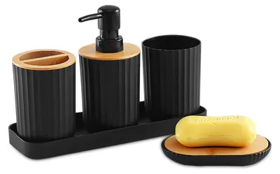 Image de Ensemble de salle de bain 5 pièces, en plastique et en bambou, de couleur noire