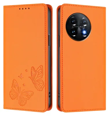 Image de Étui en cuir pour OnePlus 11, motif papillon en relief, étui portefeuille à rabat avec support, orange
