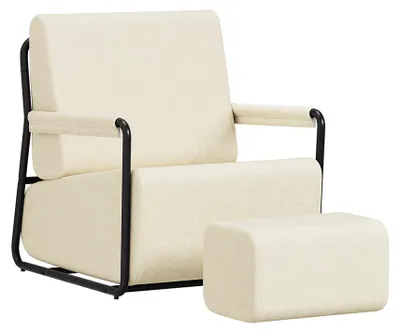 SoBuy Lesesessel FST99-MI in Creme mit Hocker, Stoffbezug und Metallgestell