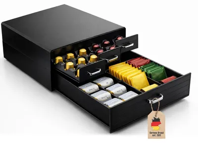 Produktbild von Intirilife Kaffeekapselhalter Schublade, kompatibel mit Nespresso, Vertuo & K-Cup Kapseln, Kapsel Organizer für Kaffeemaschine, Aufbewahrung für Kaffee Zubehör wie Zuckersticks, Tee & Milch, Schwarz