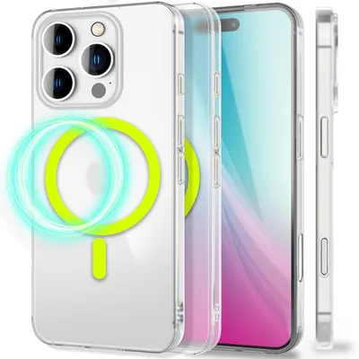 Image de Coque rigide NALIA Ultra Slim pour iPhone 16 Pro – Compatible MagSafe et anneau phosphorescent – THINIX GLOW (0,3 mm d'épaisseur) – Marque berlinoise – Jaune fluo transparent