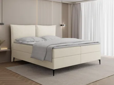 Produktbild von Boxspringbett mit Bettkasten – Polsterbett 180 x 200 cm mit H4 Taschenfederkern 7-Zonen Matratze & 5 cm Topper – Stauraumbett Calio Rise mit hohem Kopfteil & Metallfüße – Creme Chenille
