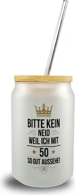 Produktbild von KEIN NEID WEIL ICH MIT 50 SO GUT AUSSEHE Trinkglas mit Bambusdeckel