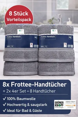 Produktbild von 8x Frottee-Handtücher – 100% Baumwolle (2x 4er Set) – Grau, 50×90 cm